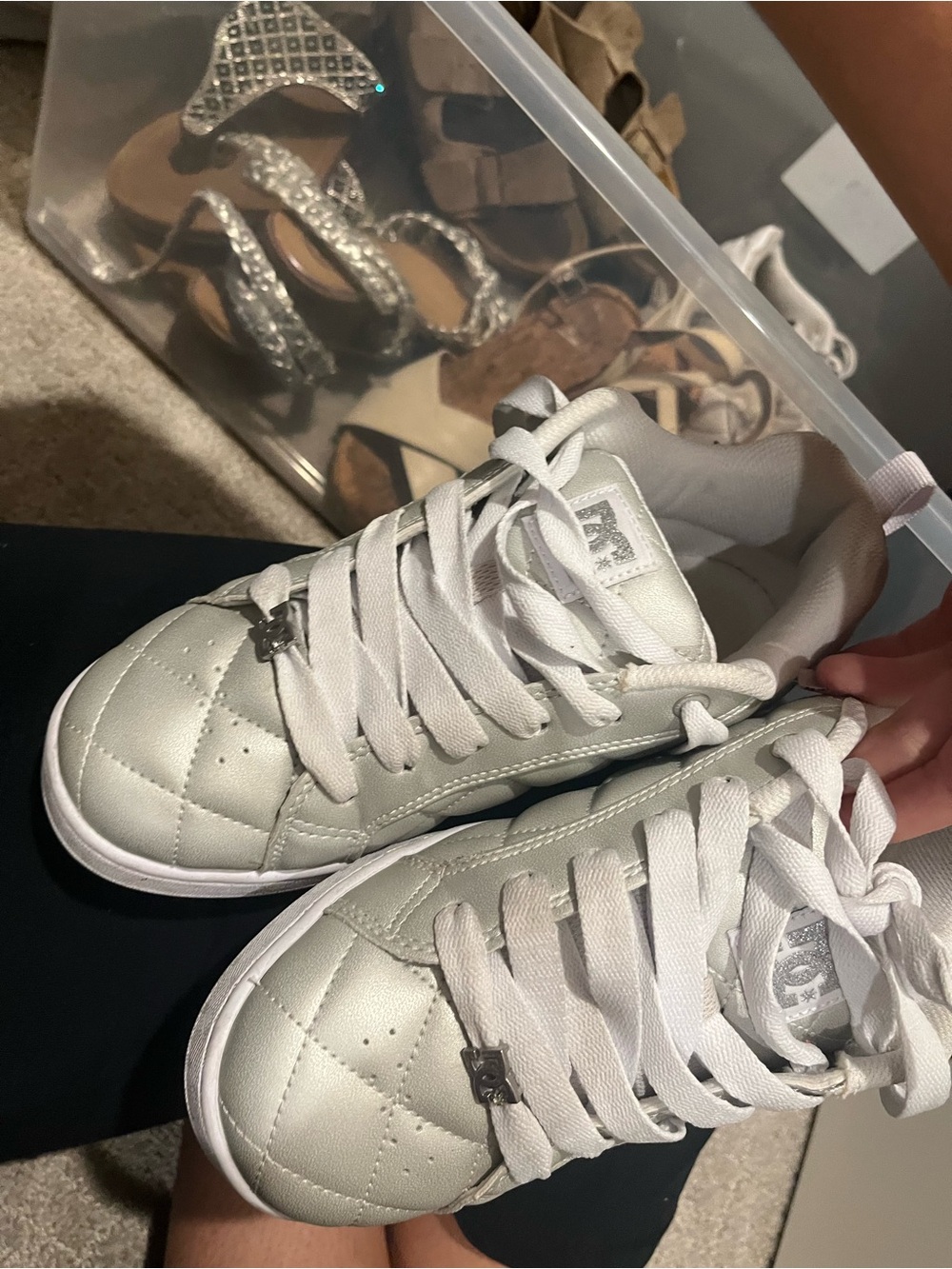 DC Quilted Metallic Lace-Up Sneakers - White/Silver